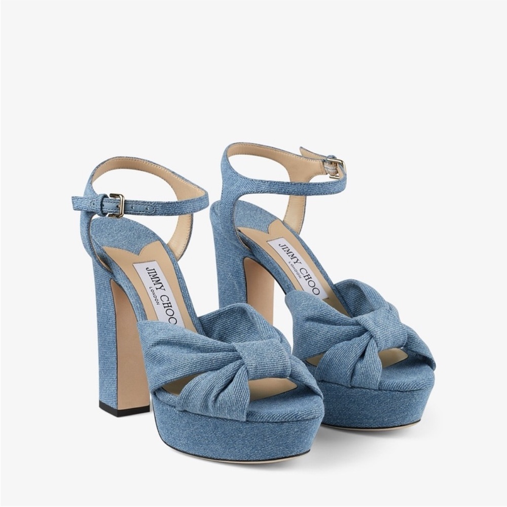 Like new JIMMY CHOO Heloise 120 Knotted Denim Platform Sandals $995 36.5